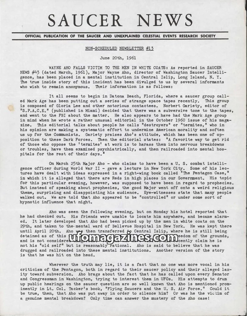 Cover of THE SAUCER AND UNEXPLAINED CELESTIAL EVENTS RESEARCH SOCIETY issue #13: SAUCER NEWS