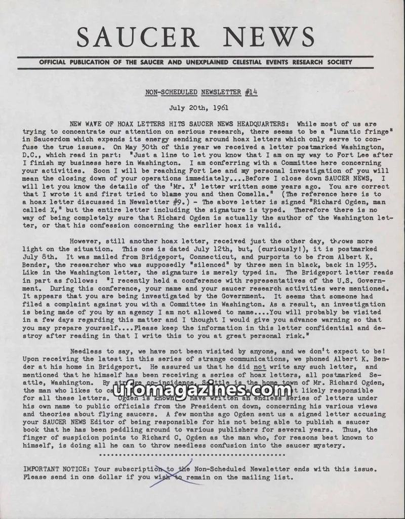 Cover of SAUCER AND UNEXPLAINED CELESTIAL EVENTS RESEARCH SOCIETY issue #14: SAUCER NEWS