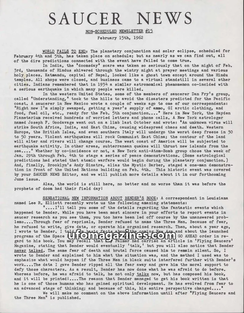 Cover of Saucer News Non-Scheduled Newsletter (James Moseley) issue #15: SAUCER NEWS