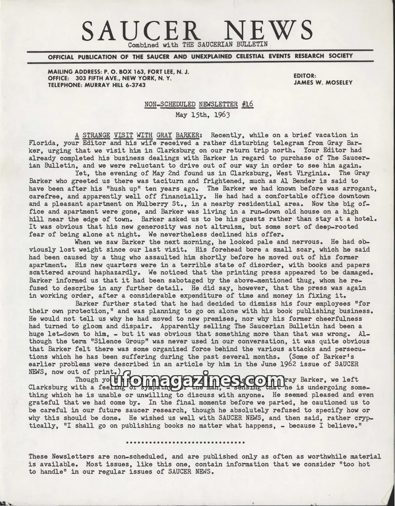 Cover of Saucer News Non-Scheduled Newsletter (James Moseley) issue #16: SAUCER NEWS