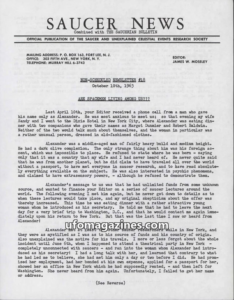 Cover of Saucer News Non-Scheduled Newsletter (James Moseley) issue #18: SAUCER NEWS