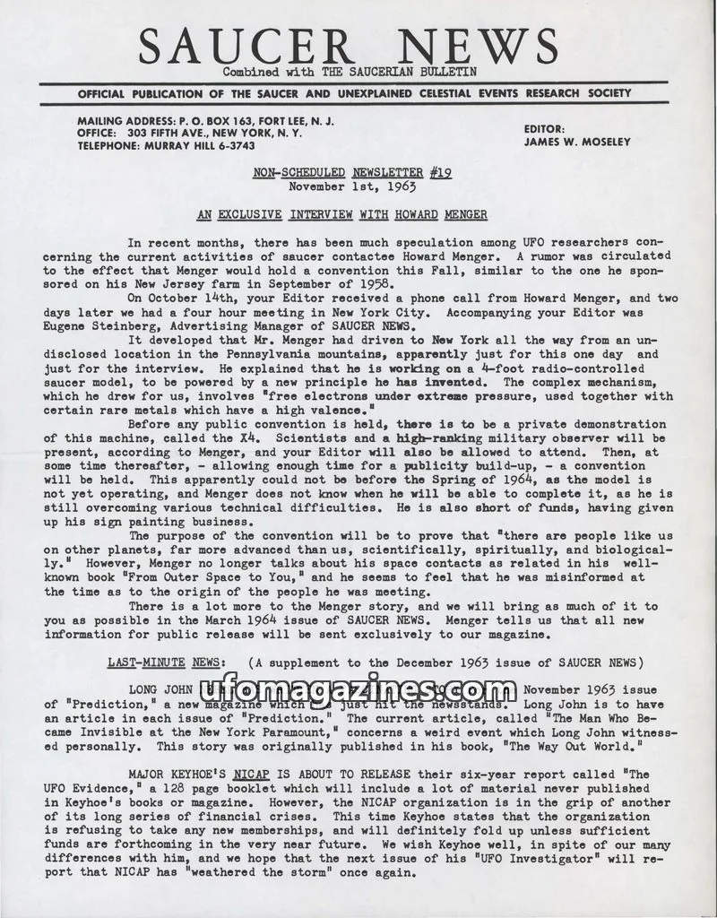 Cover of THE SAUCER AND UNEXPLAINED CELESTIAL EVENTS RESEARCH SOCIETY issue #19: SAUCER NEWS