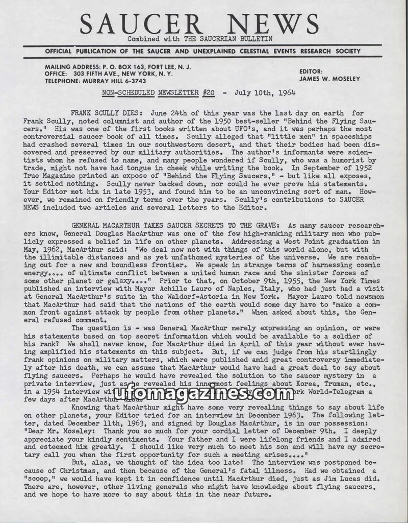Cover of The Saucer and Unexplained Celestial Events Research Society issue #20: SAUCER NEWS