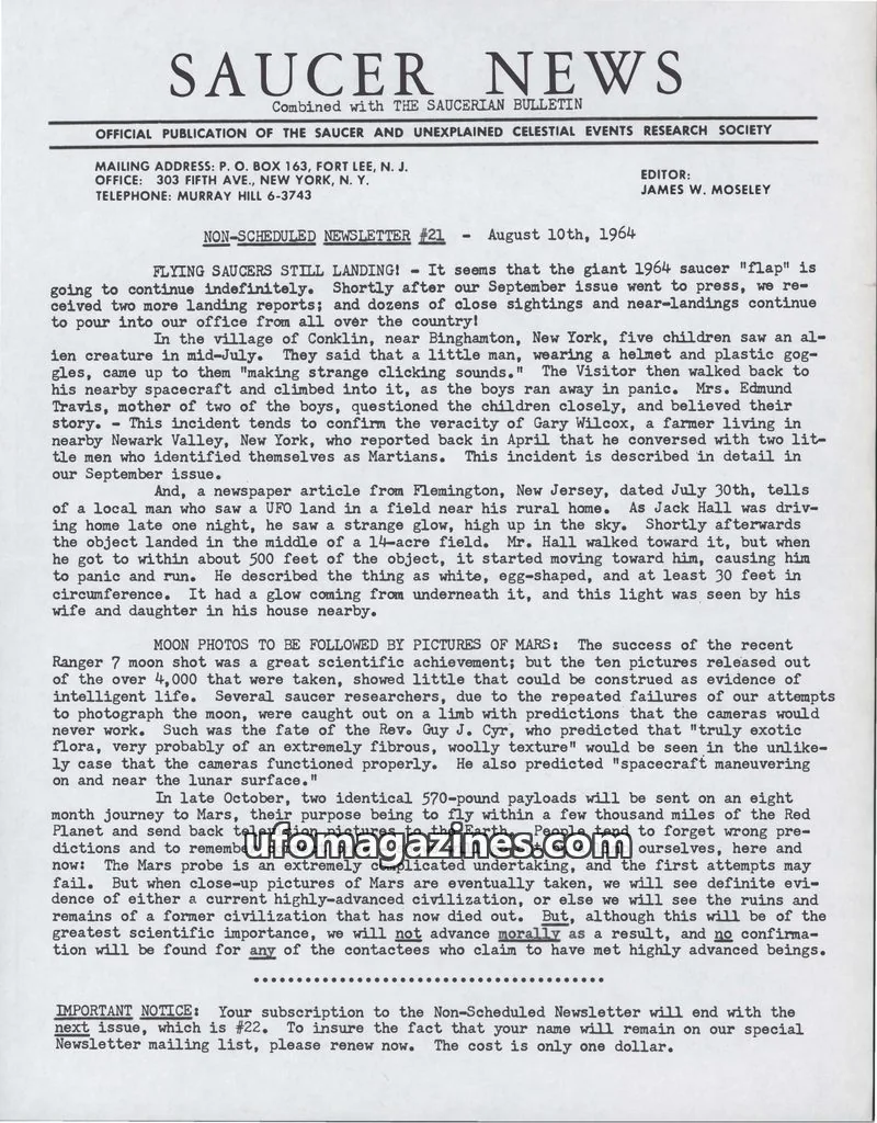 Cover of THE SAUCER AND UNEXPLAINED CELESTIAL EVENTS RESEARCH SOCIETY issue #21: SAUCER NEWS