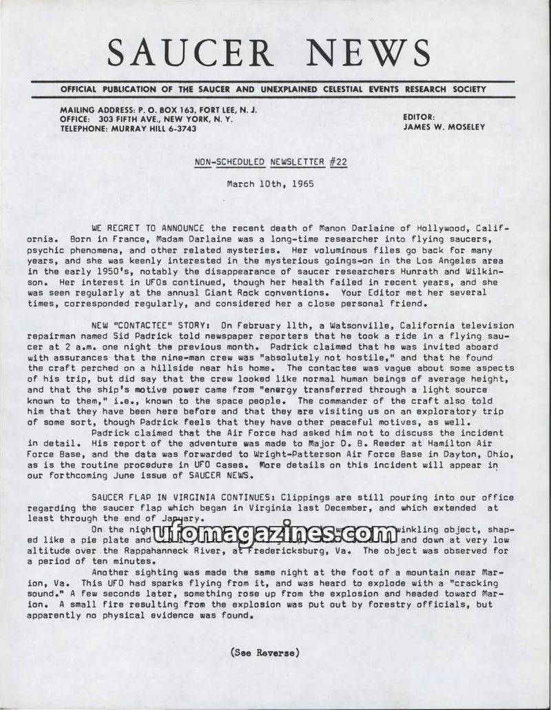 Cover of The Saucer and Unexplained Celestial Events Research Society issue #22: SAUCER NEWS