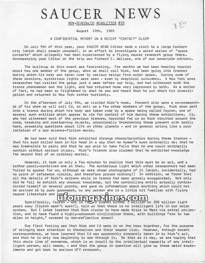 Cover of Saucer News Non-Scheduled Newsletter (James Moseley) issue #23: SAUCER NEWS