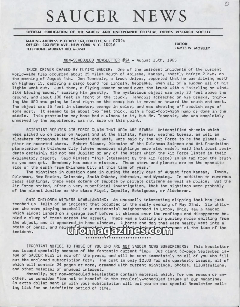 Cover of SAUCER AND UNEXPLAINED CELESTIAL EVENTS RESEARCH SOCIETY issue #24: SAUCER NEWS