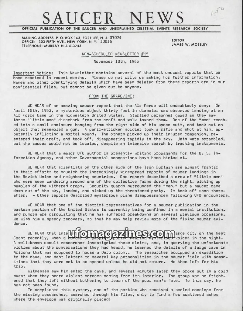 Cover of SAUCER AND UNEXPLAINED CELESTIAL EVENTS RESEARCH SOCIETY issue #25: SAUCER NEWS