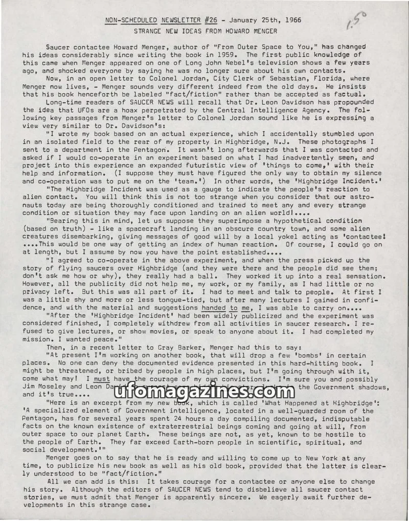 Cover of Saucer News Non-Scheduled Newsletter (James Moseley) issue #26: NON-SCHEDULED NEWSLETTER