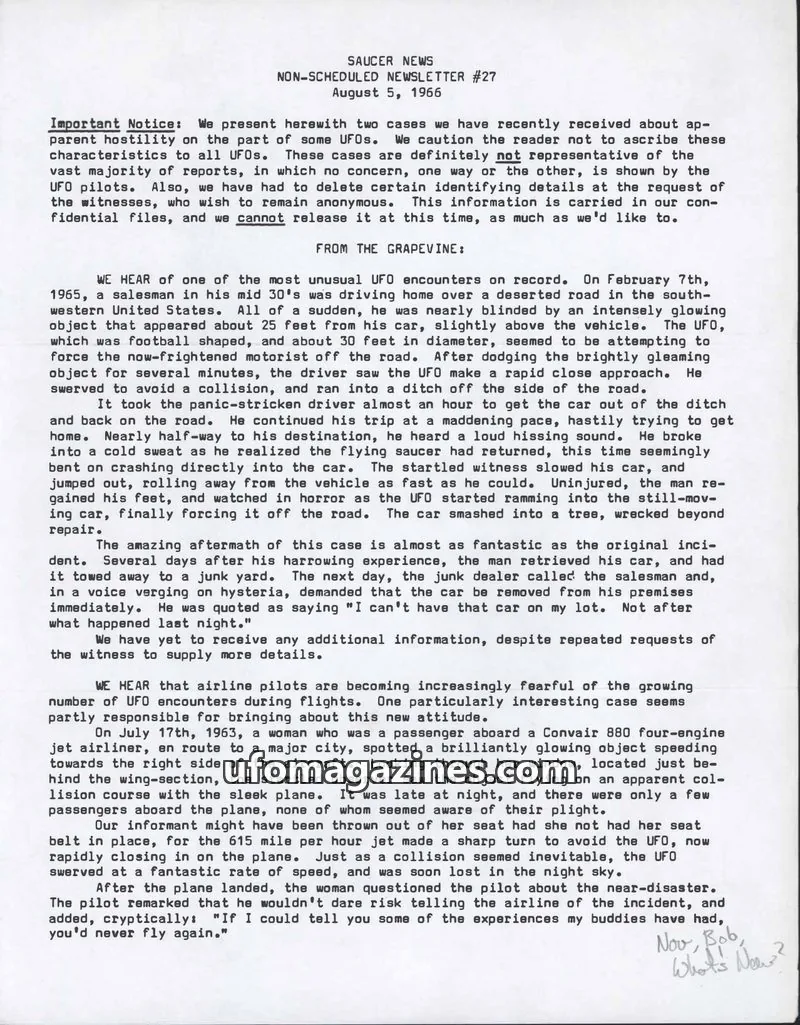 Cover of Saucer News Non-Scheduled Newsletter (James Moseley) issue #27: SAUCER NEWS