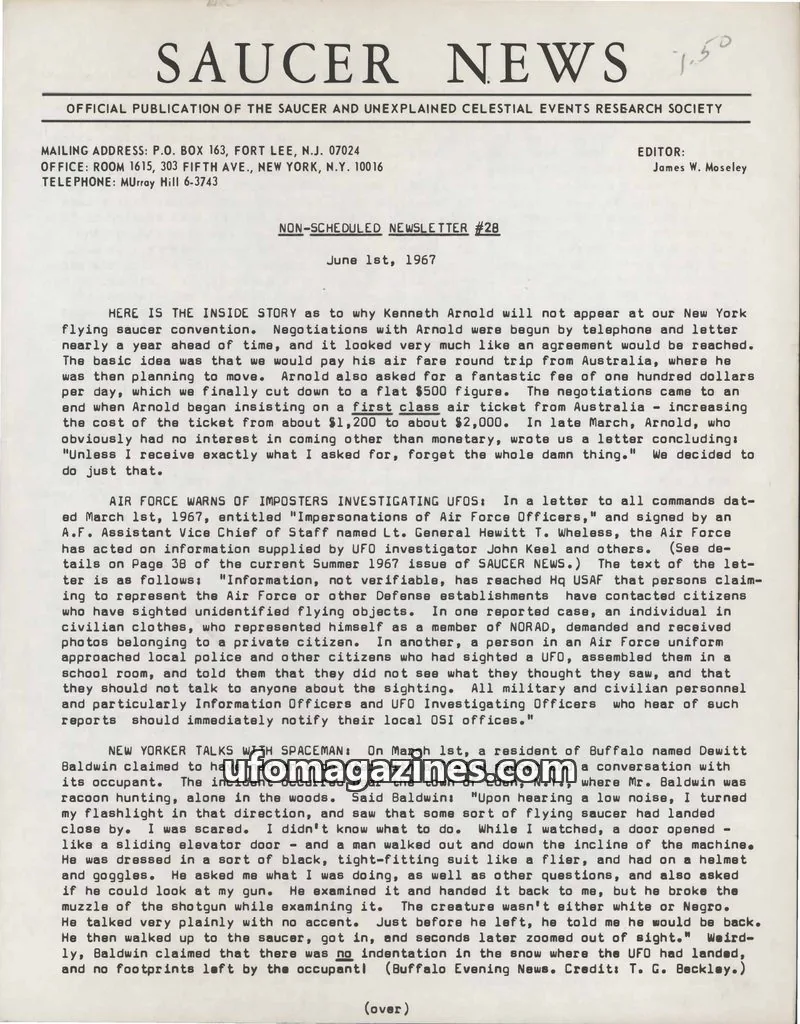 Cover of THE SAUCER AND UNEXPLAINED CELESTIAL EVENTS RESEARCH SOCIETY issue NON-SCHEDULED NEWSLETTER #28: SAUCER NEWS