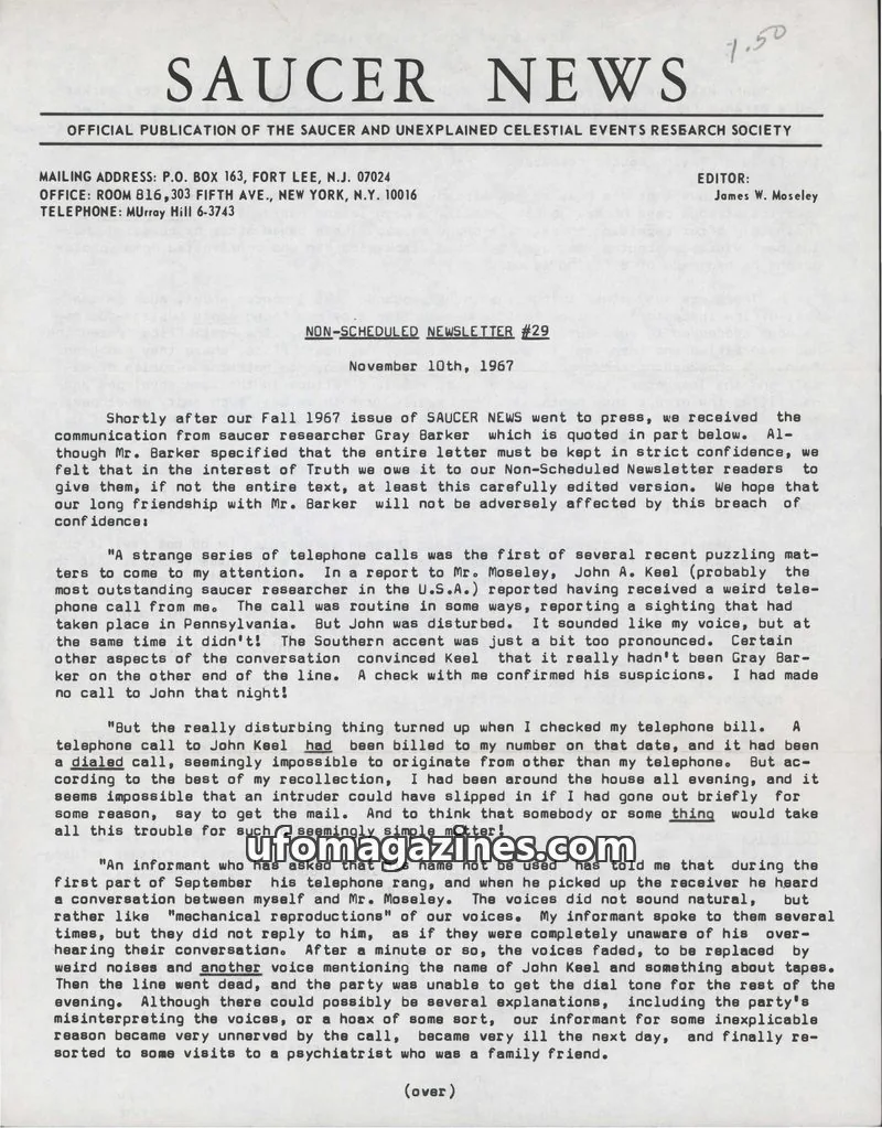 Cover of SAUCER AND UNEXPLAINED CELESTIAL EVENTS RESEARCH SOCIETY issue NON-SCHEDULED NEWSLETTER #29: SAUCER NEWS