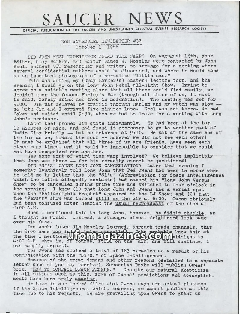 Cover of Saucer News Non-Scheduled Newsletter (James Moseley) issue #32: SAUCER NEWS