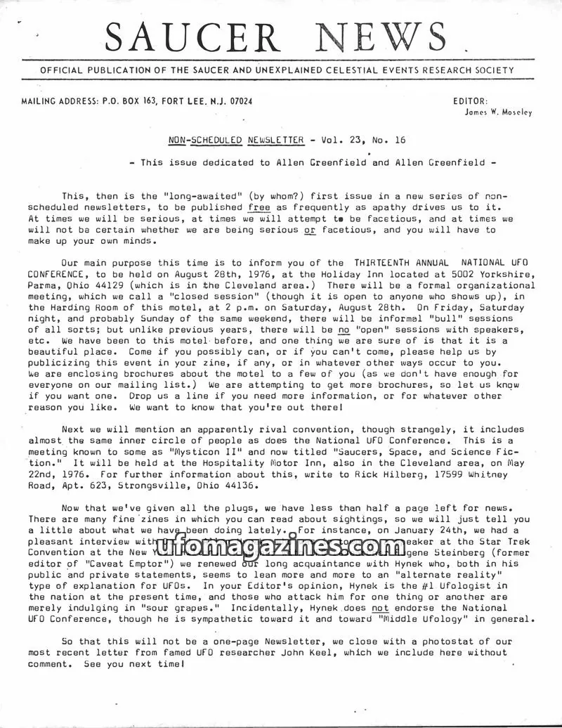 Cover of THE SAUCER AND UNEXPLAINED CELESTIAL EVENTS RESEARCH SOCIETY issue Vol. 23, No. 16: SAUCER NEWS