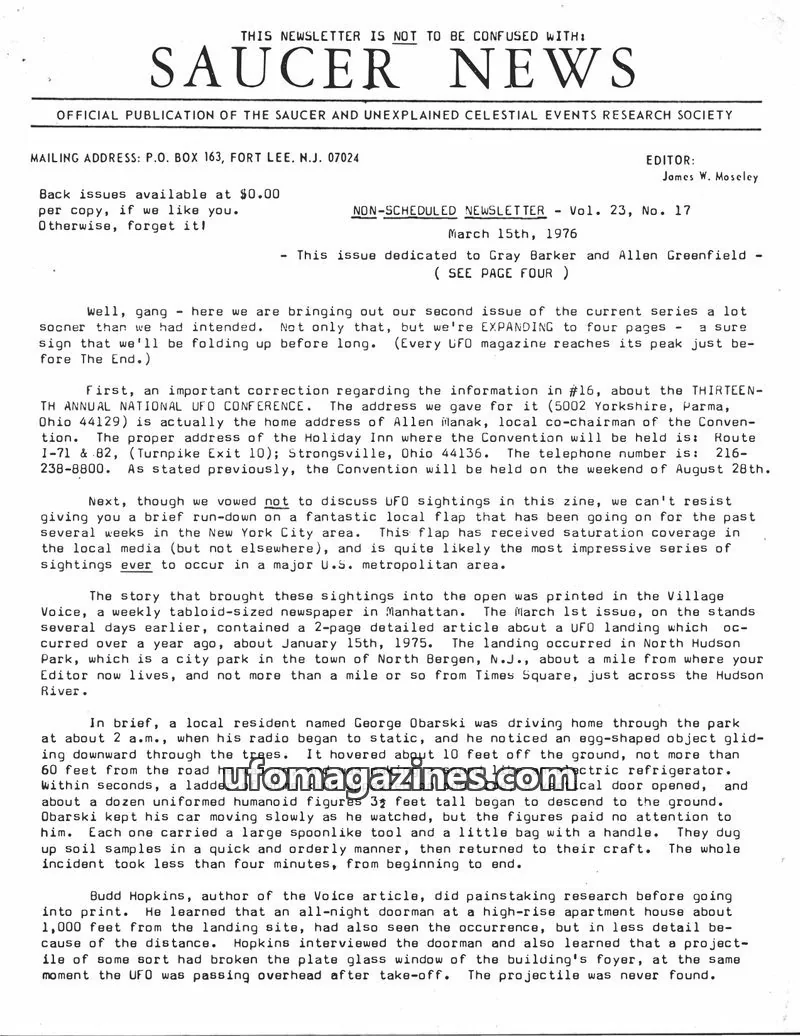 Cover of SAUCERIAN PRESS, INC. issue Vol. 23, No. 17: SAUCER NEWS