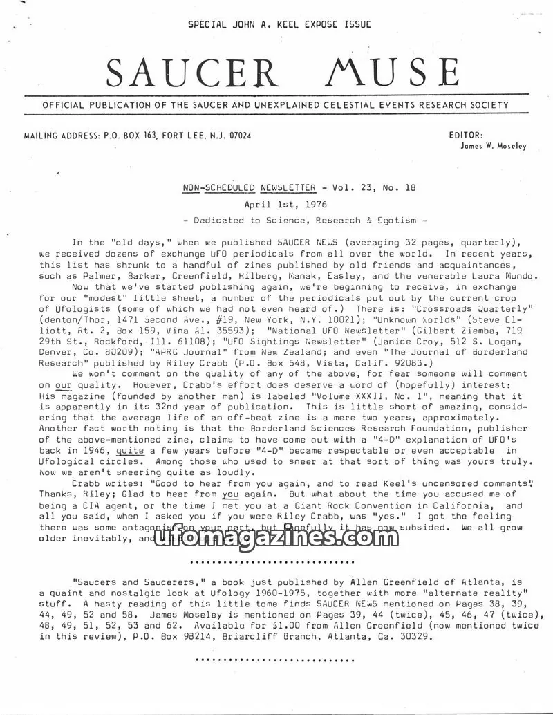Cover of SAUCER AND UNEXPLAINED CELESTIAL EVENTS RESEARCH SOCIETY issue Vol. 23, No. 18: SAUCER MUSE