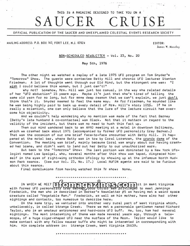 Cover of SAUCER AND UNEXPLAINED CELESTIAL EVENTS RESEARCH SOCIETY issue Vol. 23, No. 20: SAUCER CRUISE