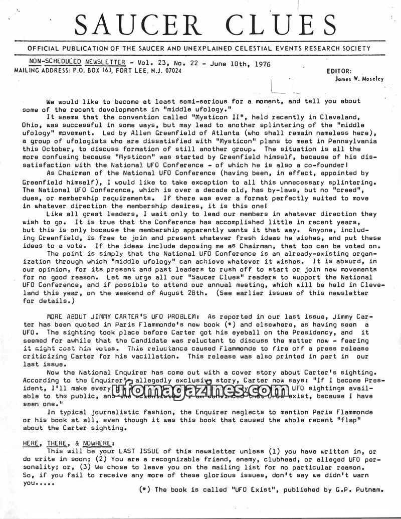 Cover of OFFICIAL PUBLICATION OF THE SAUCER AND UNEXPLAINED CELESTIAL EVENTS RESEARCH SOCIETY issue Vol. 23, No. 22: SAUCER CLUES