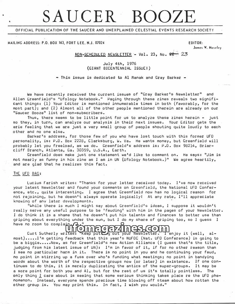 Cover of SAUCER AND UNEXPLAINED CELESTIAL EVENTS RESEARCH SOCIETY issue Vol. 23, No. 22-23: SAUCER BOOZE