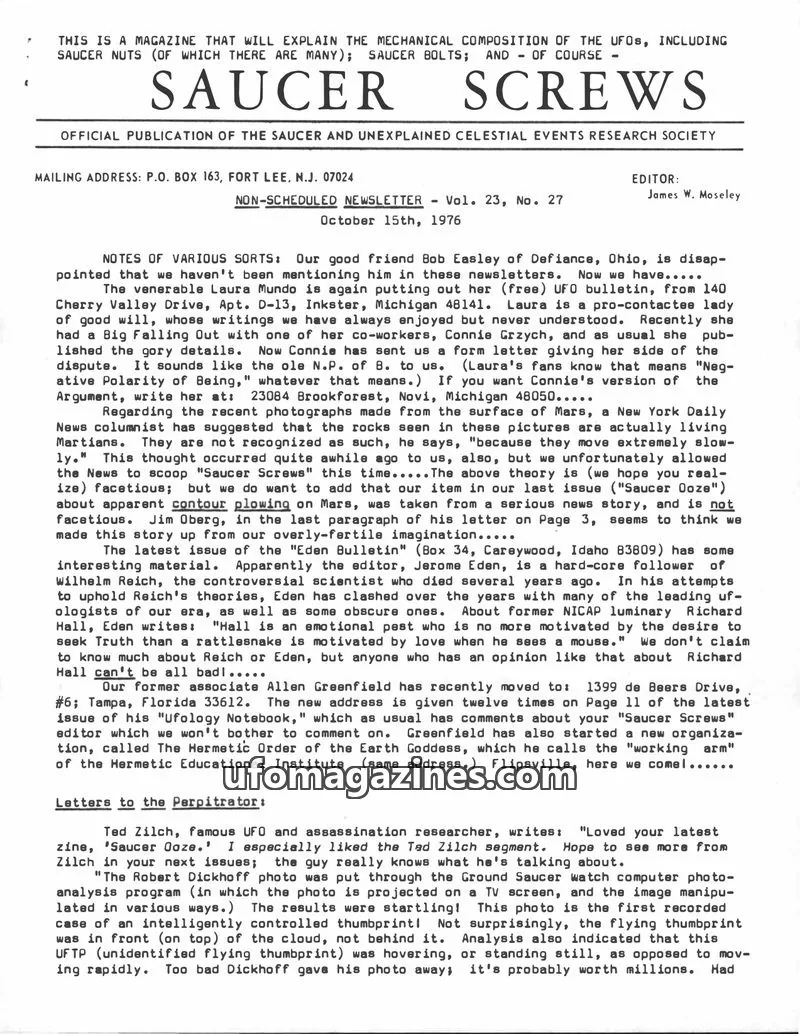Cover of SAUCER AND UNEXPLAINED CELESTIAL EVENTS RESEARCH SOCIETY issue Vol. 23, No. 27: SAUCER SCREWS