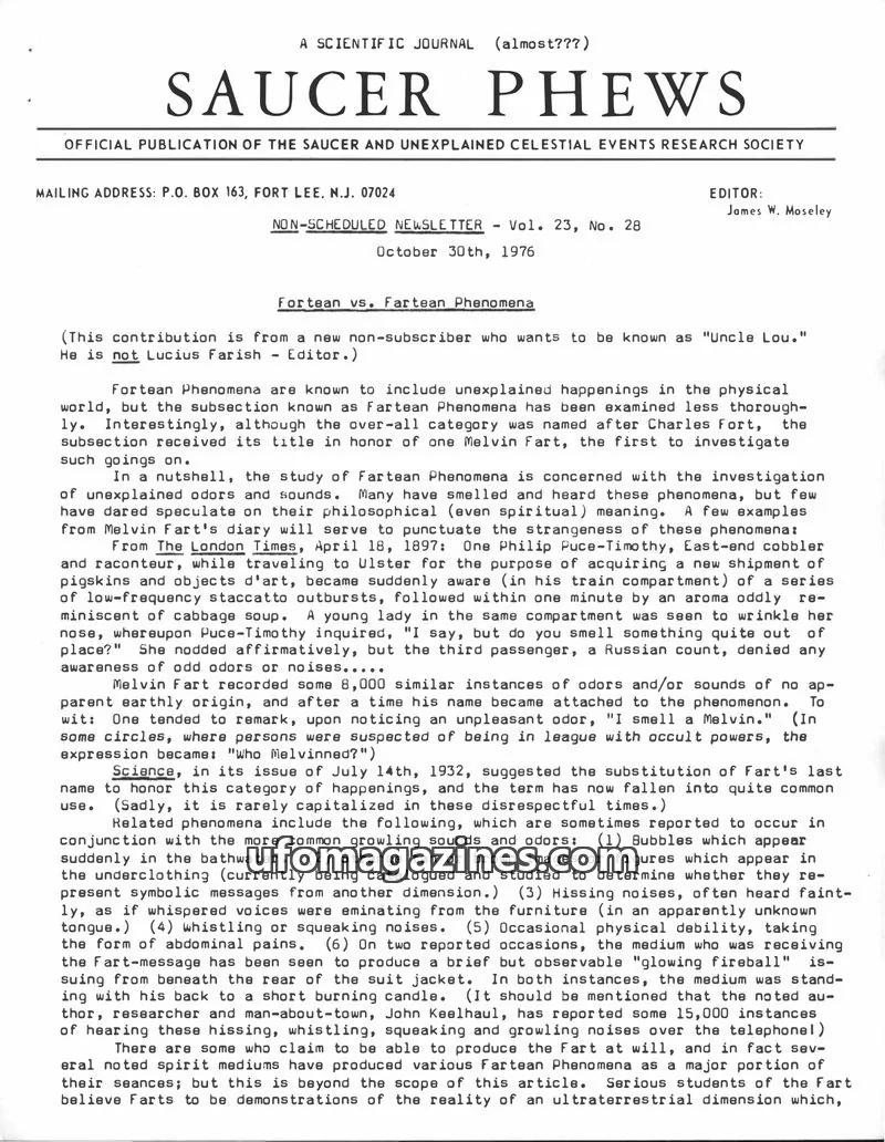 Cover of SAUCER AND UNEXPLAINED CELESTIAL EVENTS RESEARCH SOCIETY issue Vol. 23, No. 28: SAUCER PHEWS