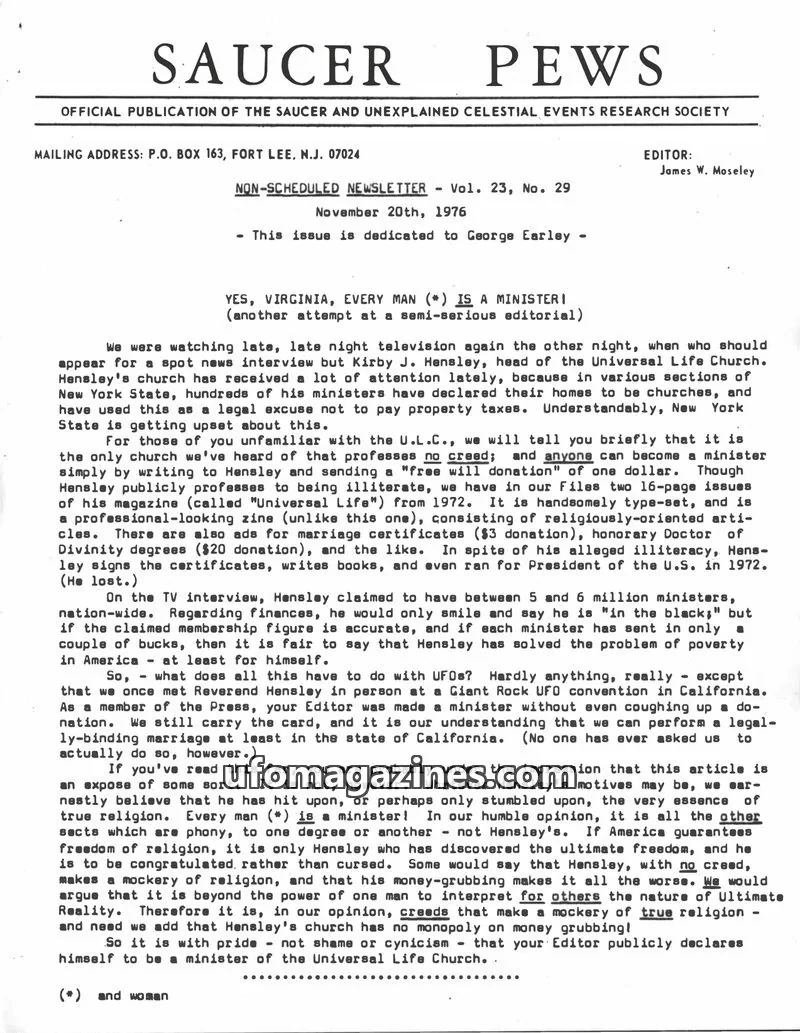 Cover of SAUCER AND UNEXPLAINED CELESTIAL EVENTS RESEARCH SOCIETY issue Vol. 23, No. 29: SAUCER PEWS