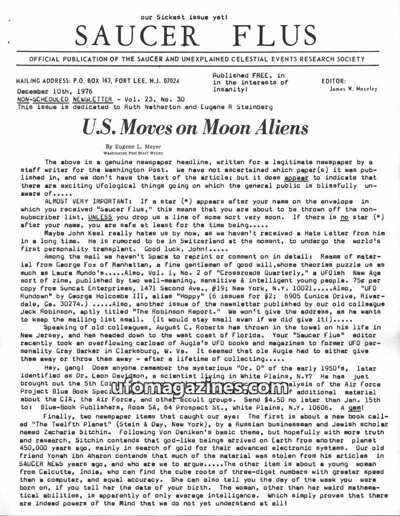 Cover of SAUCER AND UNEXPLAINED CELESTIAL EVENTS RESEARCH SOCIETY issue Vol. 23, No. 30: SAUCER FLUS
