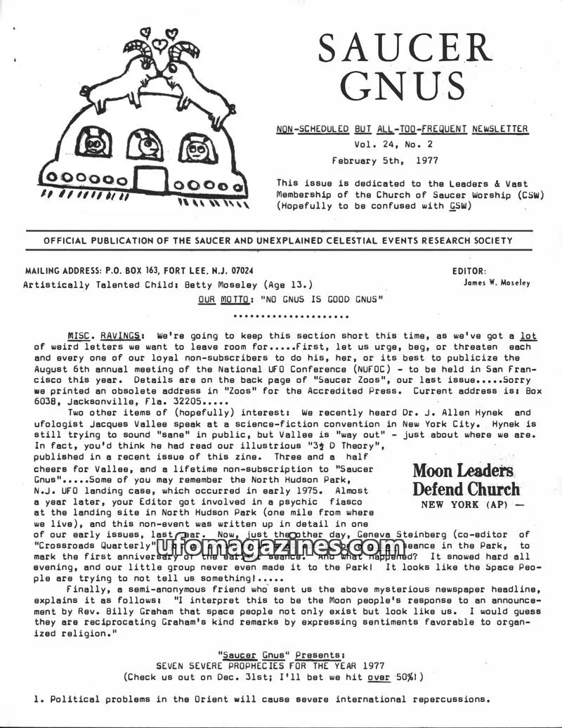 Cover of Saucer Smear (Jim Moseley) issue Vol. 24, No. 2: SAUCER GNUS