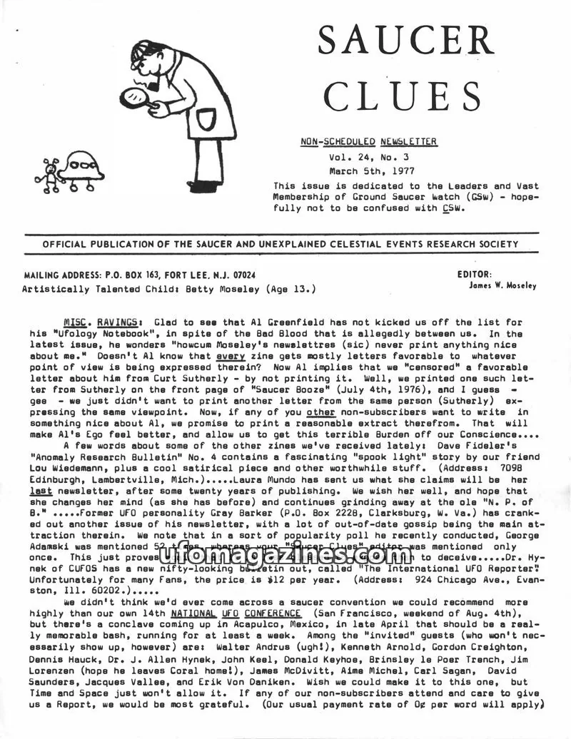 Cover of OFFICIAL PUBLICATION OF THE SAUCER AND UNEXPLAINED CELESTIAL EVENTS RESEARCH SOCIETY issue Vol. 24, No. 3: SAUCER CLUES