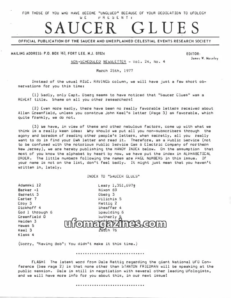 Cover of SAUCER AND UNEXPLAINED CELESTIAL EVENTS RESEARCH SOCIETY issue Vol. 24, No. 4: SAUCER GLUES