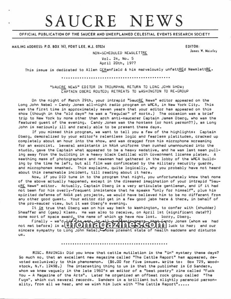 Cover of SAUCER AND UNEXPLAINED CELESTIAL EVENTS RESEARCH SOCIETY issue Vol. 24, No. 5: SAUCRE NEWS