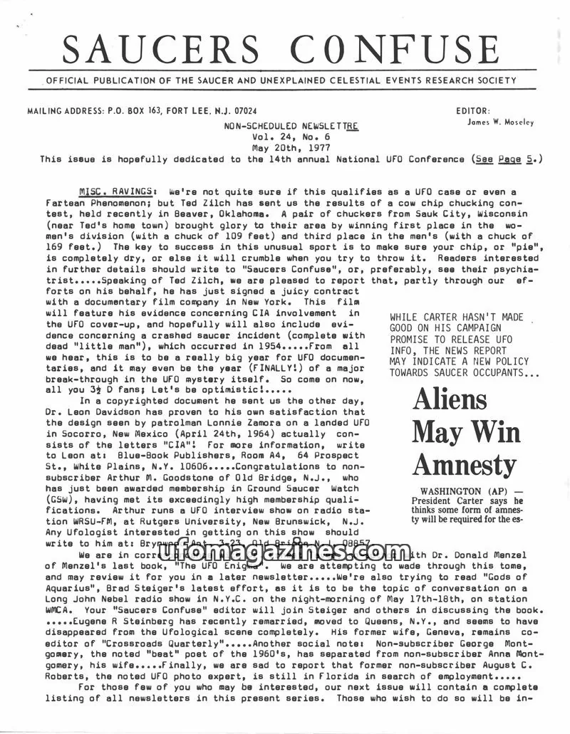 Cover of SAUCER AND UNEXPLAINED CELESTIAL EVENTS RESEARCH SOCIETY issue Vol. 24, No. 6: SAUCERS CONFUSE