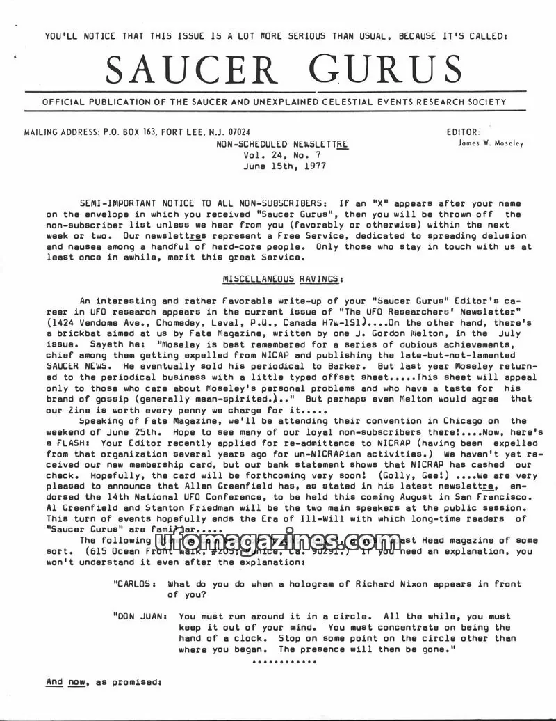 Cover of SAUCER AND UNEXPLAINED CELESTIAL EVENTS RESEARCH SOCIETY issue Vol. 24, No. 7: SAUCER GURUS
