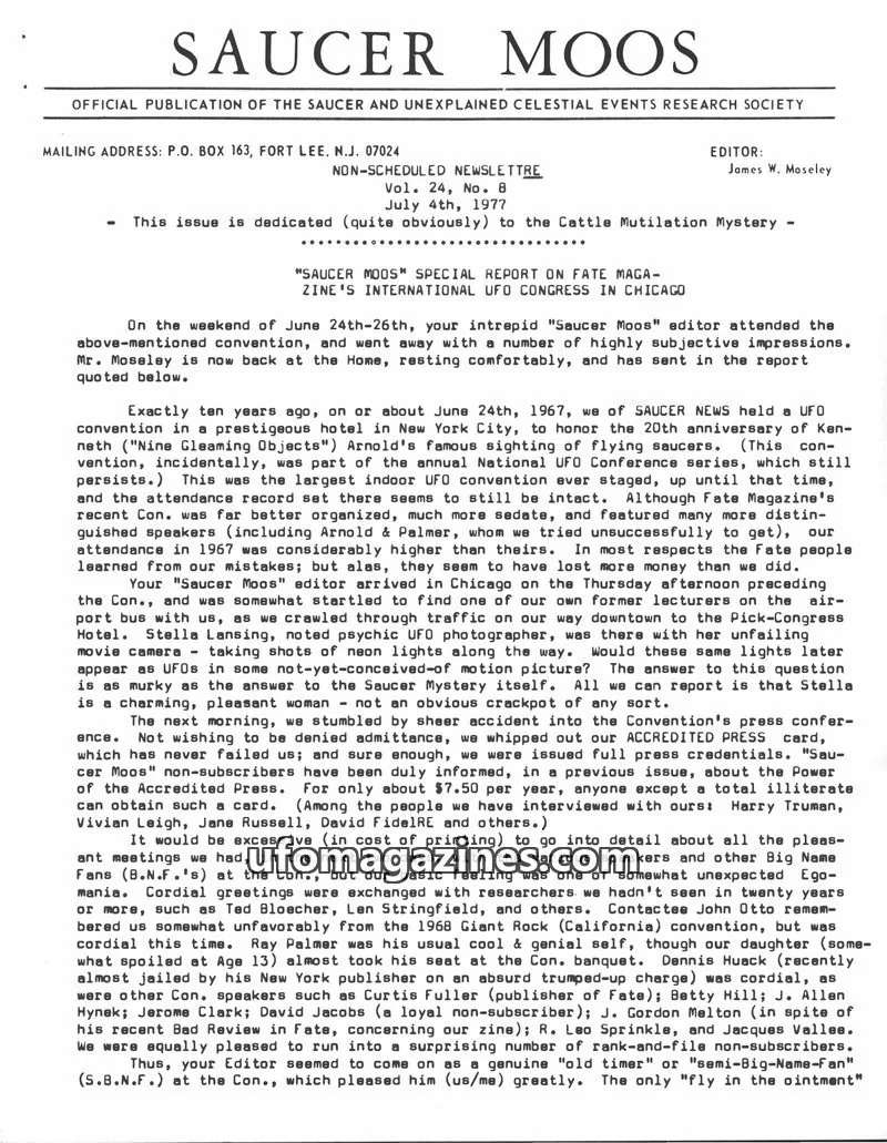 Cover of SAUCER AND UNEXPLAINED CELESTIAL EVENTS RESEARCH SOCIETY issue Vol. 24, No. 8: SAUCER MOOS