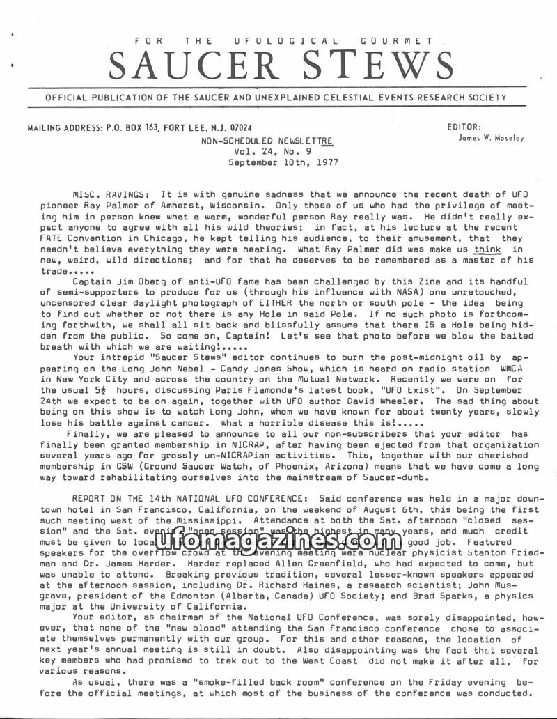 Cover of THE SAUCER AND UNEXPLAINED CELESTIAL EVENTS RESEARCH SOCIETY issue Vol. 24, No. 9: SAUCER STEWS