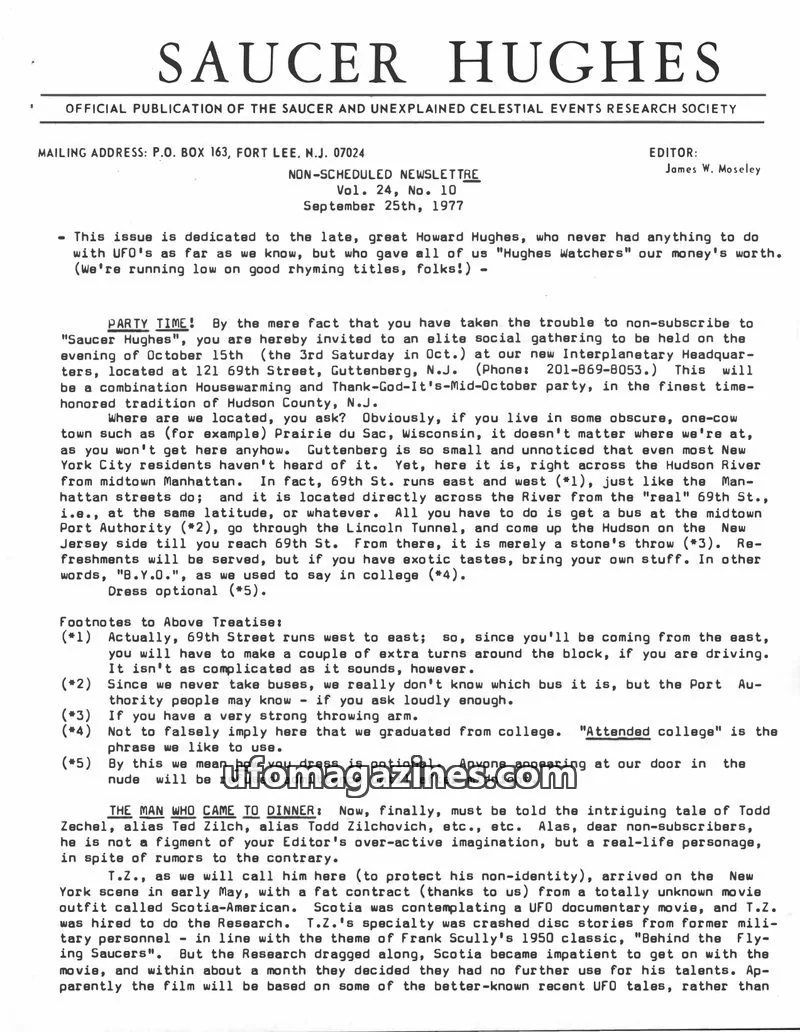 Cover of THE SAUCER AND UNEXPLAINED CELESTIAL EVENTS RESEARCH SOCIETY issue Vol. 24, No. 10: SAUCER HUGHES