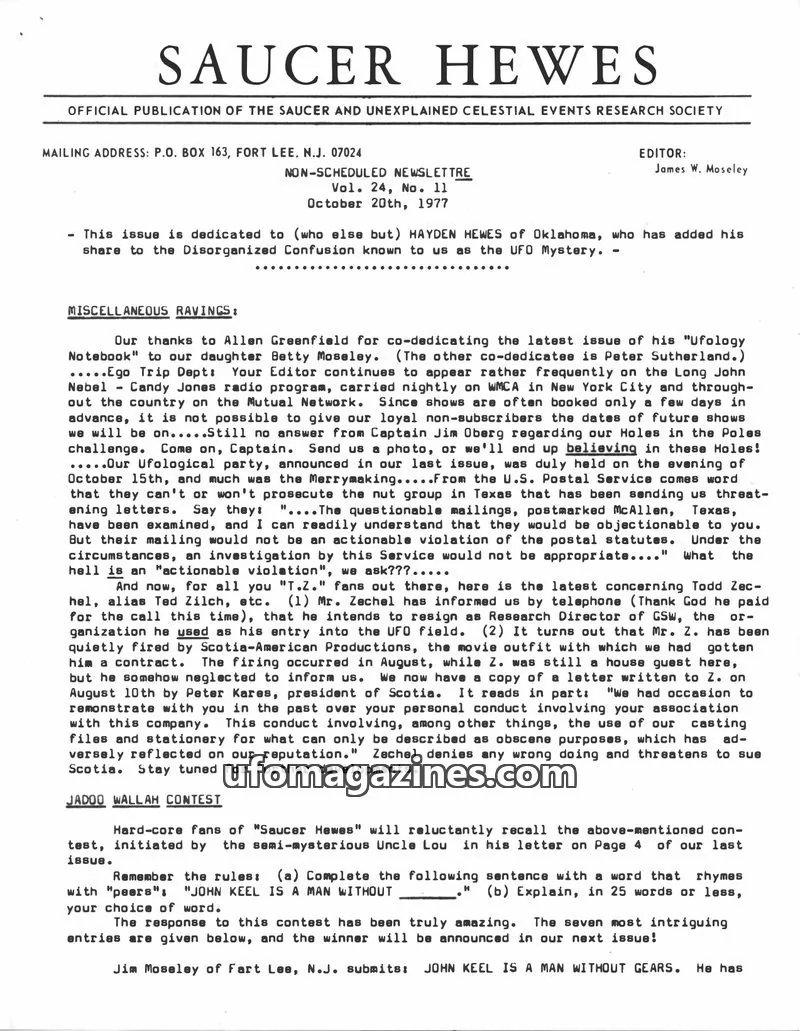 Cover of SAUCER AND UNEXPLAINED CELESTIAL EVENTS RESEARCH SOCIETY issue Vol. 24, No. 11: SAUCER HEWES