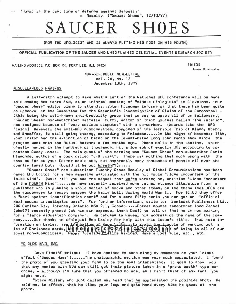Cover of SAUCER AND UNEXPLAINED CELESTIAL EVENTS RESEARCH SOCIETY issue Vol. 24, No. 13: SAUCER SHOES