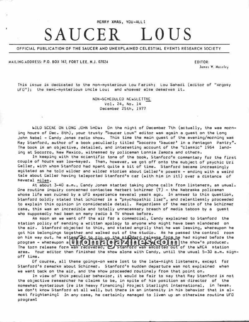 Cover of OFFICIAL PUBLICATION OF THE SAUCER AND UNEXPLAINED CELESTIAL EVENTS RESEARCH SOCIETY issue Vol. 24, No. 14: SAUCER LOUS