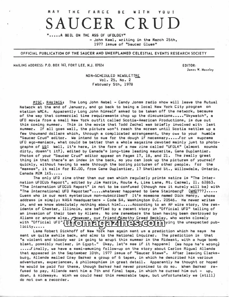 Cover of Saucer and Unexplained Celestial Events Research Society issue Vol. 25, No. 2: SAUCER CRUD
