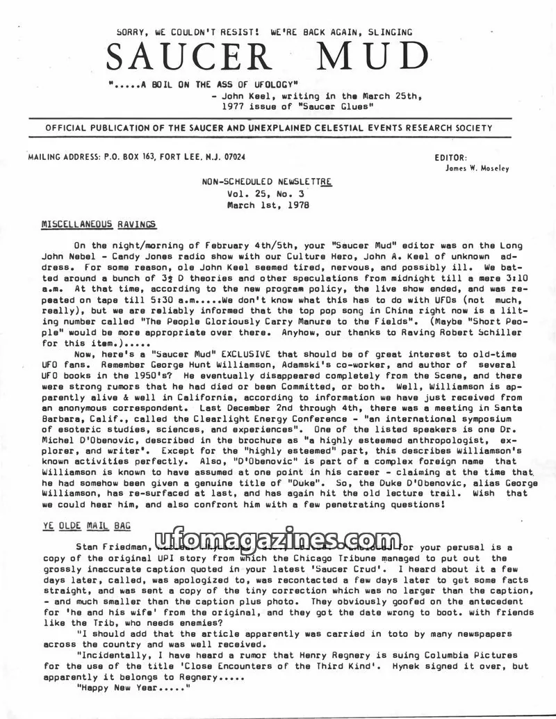 Cover of SAUCER AND UNEXPLAINED CELESTIAL EVENTS RESEARCH SOCIETY issue Vol. 25, No. 3: SAUCER MUD