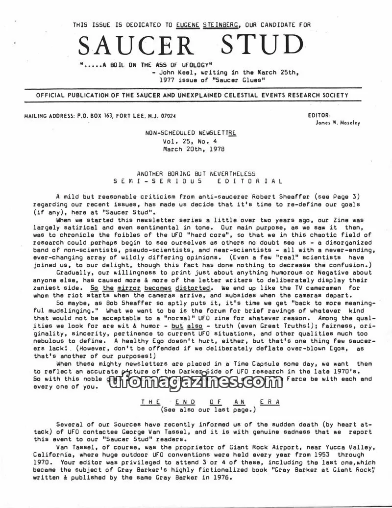 Cover of SAUCER AND UNEXPLAINED CELESTIAL EVENTS RESEARCH SOCIETY issue Vol. 25, No. 4: SAUCER STUD