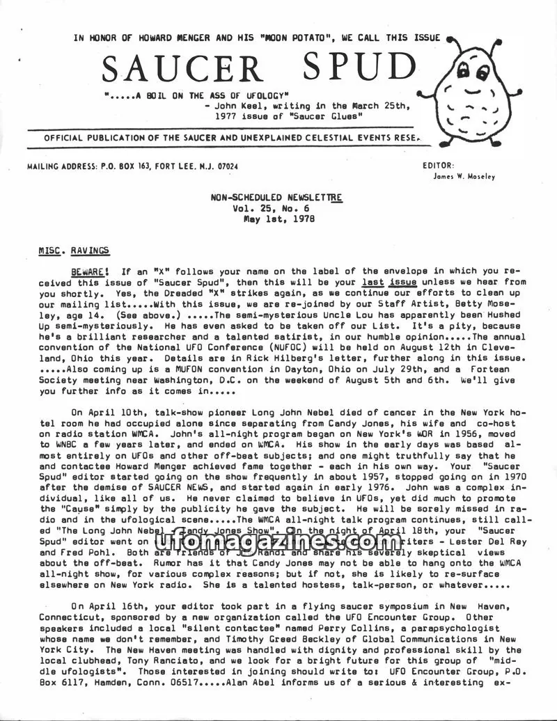 Cover of Saucer Smear (Jim Moseley) issue Vol. 25, No. 6: SAUCER SPUD