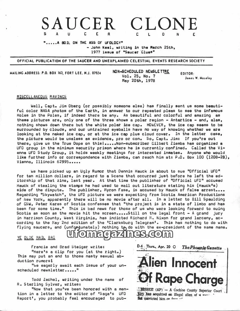 Cover of SAUCER AND UNEXPLAINED CELESTIAL EVENTS RESEARCH SOCIETY issue Vol. 25, No. 7: SAUCER CLONE