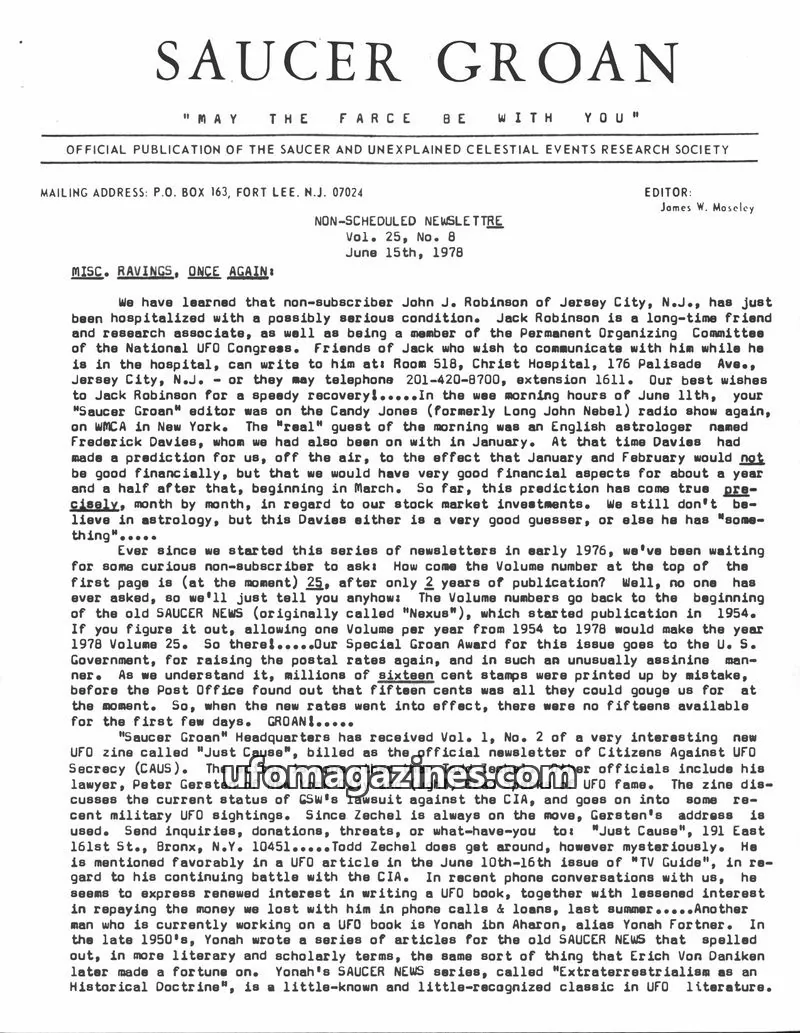 Cover of SAUCER AND UNEXPLAINED CELESTIAL EVENTS RESEARCH SOCIETY issue Vol. 25, No. 8: SAUCER GROAN