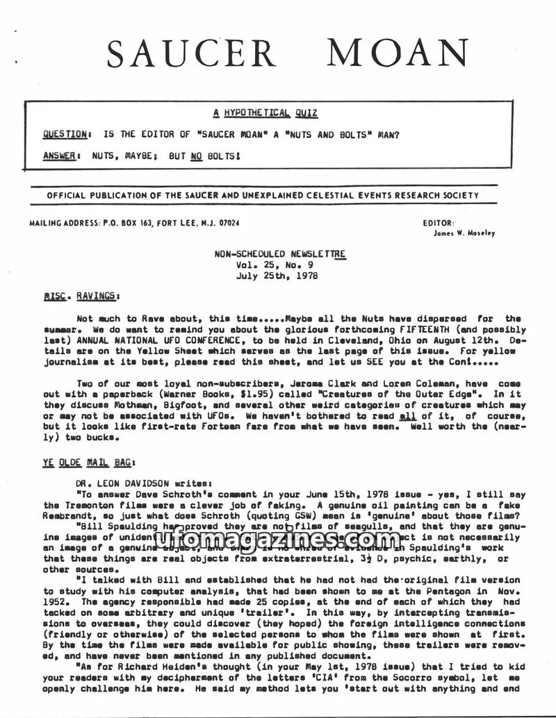 Cover of SAUCER AND UNEXPLAINED CELESTIAL EVENTS RESEARCH SOCIETY issue Vol. 25, No. 9: SAUCER MOAN