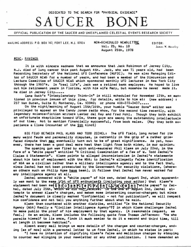 Cover of SAUCER AND UNEXPLAINED CELESTIAL EVENTS RESEARCH SOCIETY issue Vol. 25, No. 10: SAUCER BONE