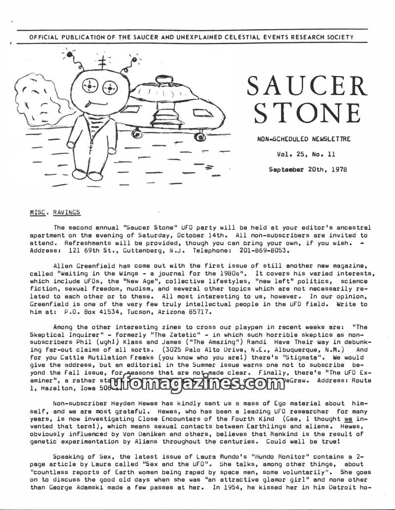 Cover of Saucer Smear (Jim Moseley) issue Vol. 25, No. 11: SAUCER STONE