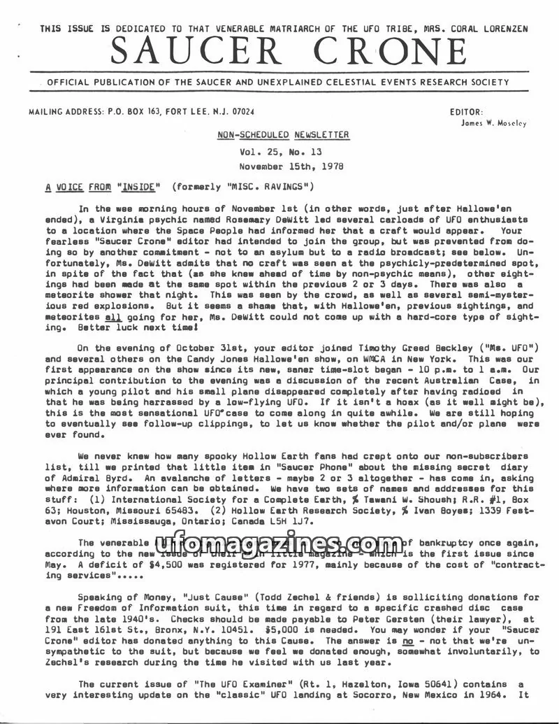 Cover of SAUCER AND UNEXPLAINED CELESTIAL EVENTS RESEARCH SOCIETY issue Vol. 25, No. 13: SAUCER CRONE