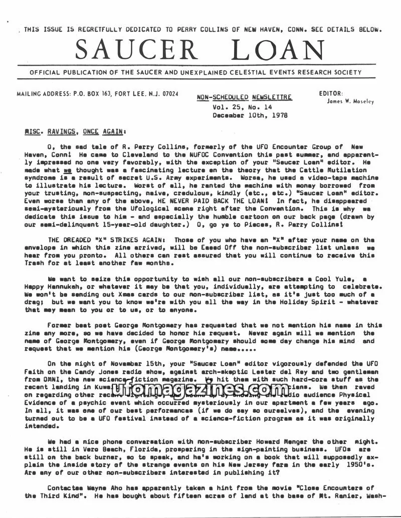Cover of SAUCER AND UNEXPLAINED CELESTIAL EVENTS RESEARCH SOCIETY issue Vol. 25, No. 14: SAUCER LOAN